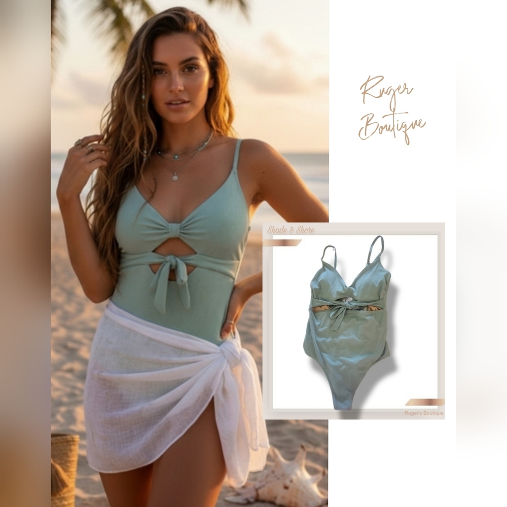 🌿Shade & Shore Womens Large Seagreen Ribbed Knit One Piece Cutout Swimsuit